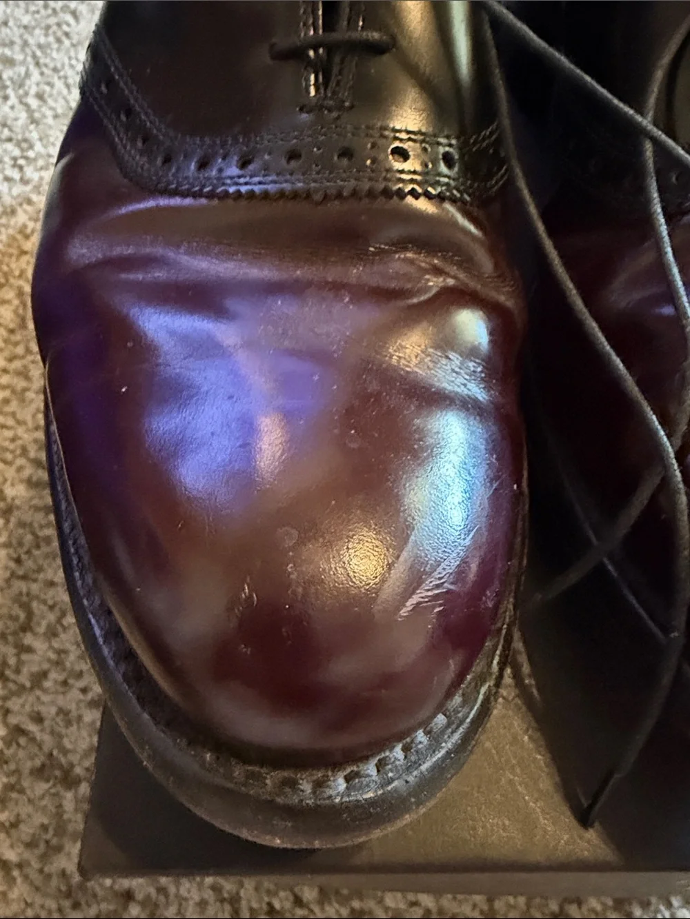 Allen Edmonds Shelton Two-Tone Burgundy and Black Derby Oxfords